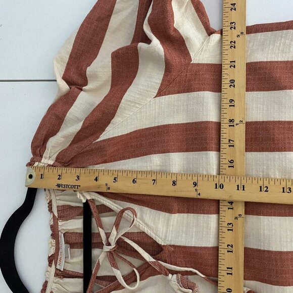 Knox Rose Top Womens L Striped Puff Sleeve Tie Neck Cream Red Cotton Boho - Picture 8 of 10